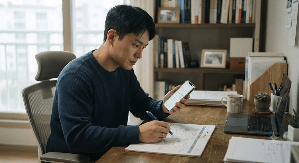 실업급여 종료일과 국민취업지원제도 대상 신청 시점을 달력으로 계산하는 한국인 남성