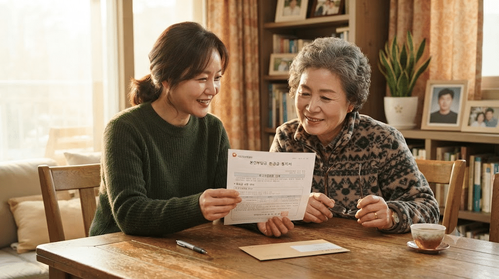 부모님과 함께 국민건강보험 환급금 안내문을 확인하는 한국인 여성