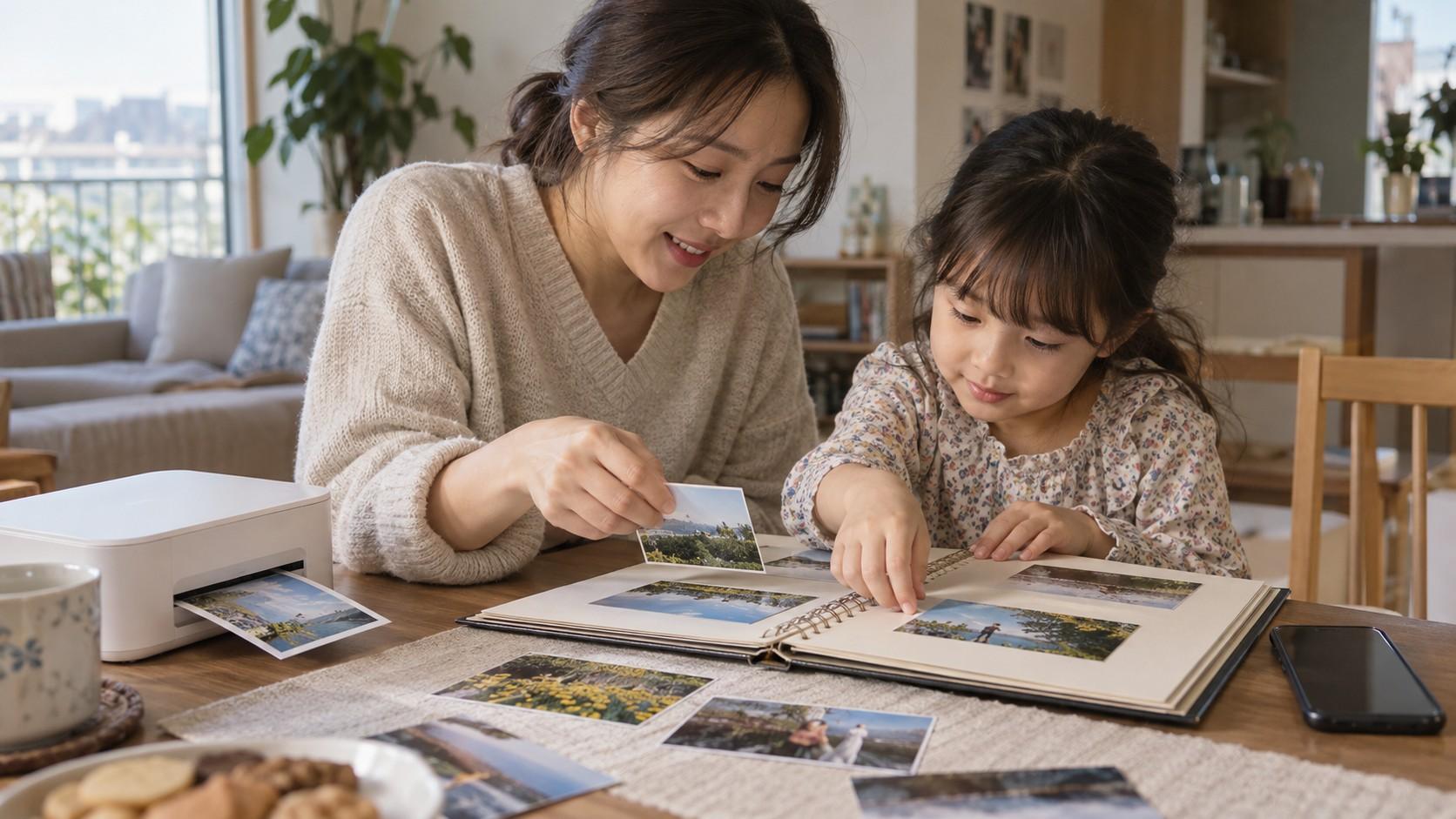 포토프린터로 출력한 사진을 앨범에 정리하는 한국인 가족