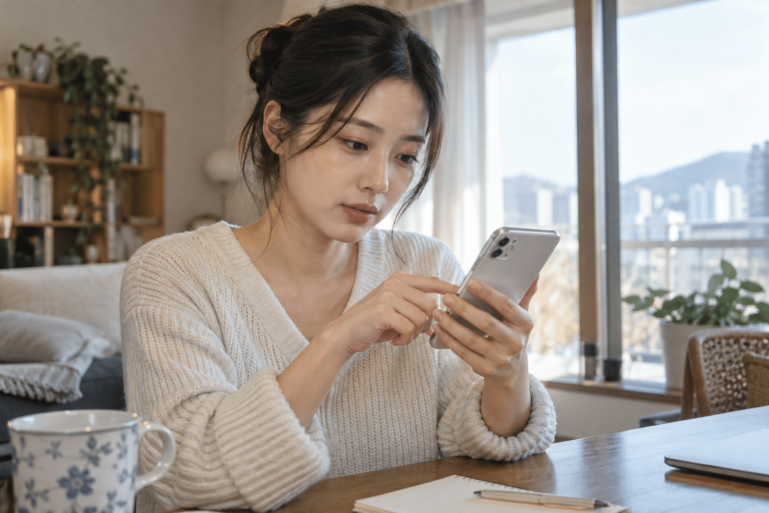 비대면 계좌개설 안심차단 신청을 확인하는 한국인 여성