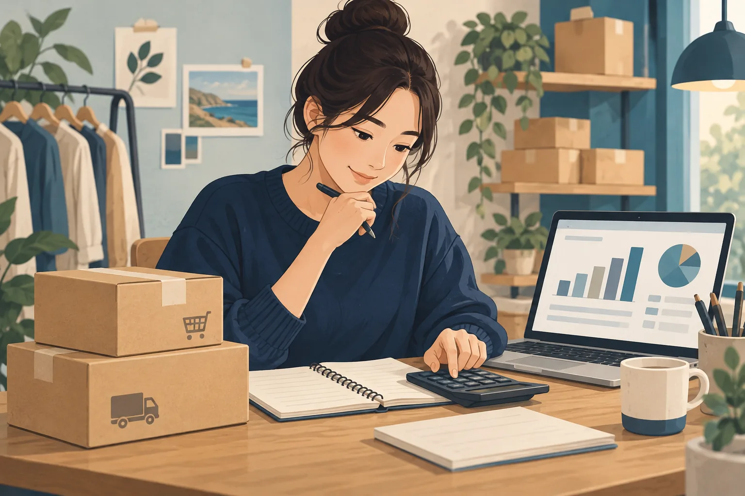 상품 상자와 계산기로 판매 비용을 검토하는 판매자