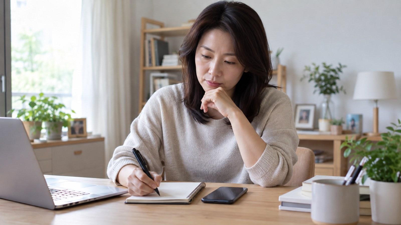 의심되는 링크를 확인한 상황과 내역을 수첩에 정리하는 한국인 여성