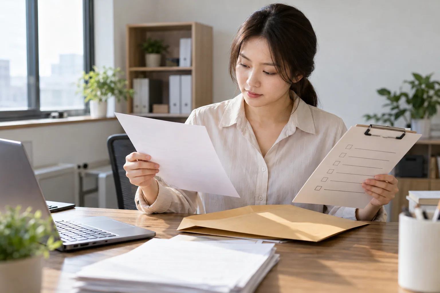 제출할 증명서와 봉투를 확인하는 여성