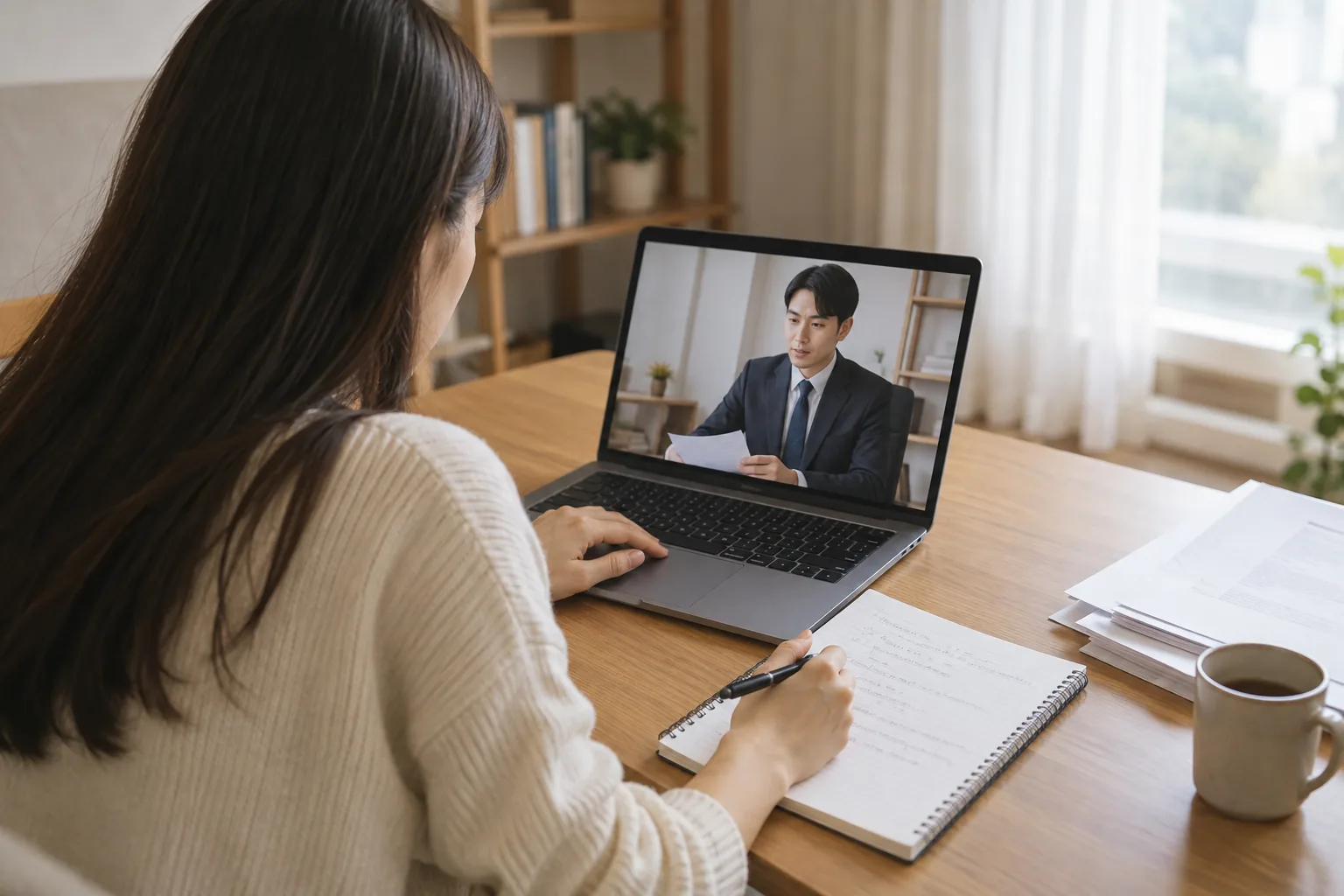 노트북으로 세무 상담을 받으며 메모하는 여성