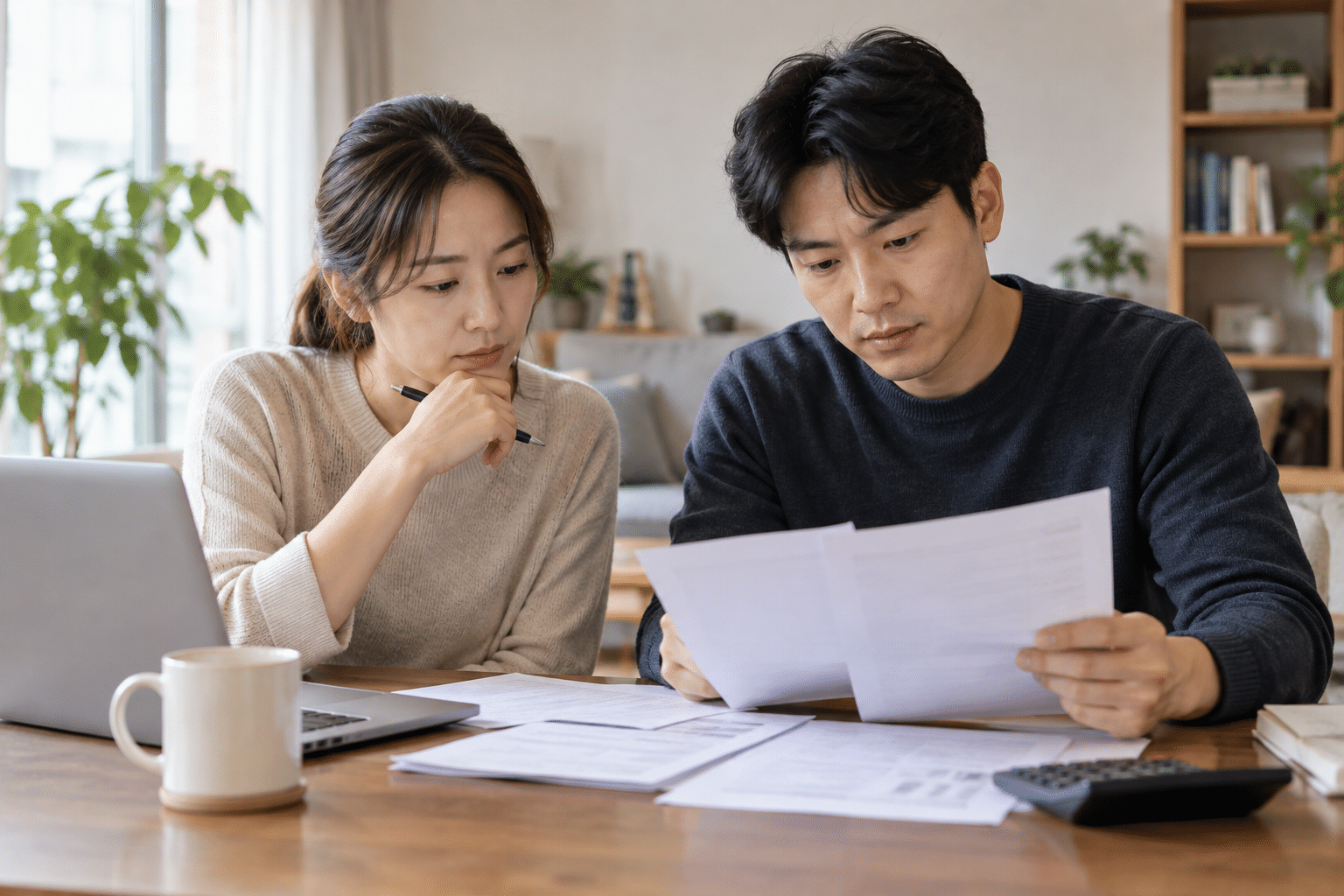 계좌 관련 서류를 함께 확인하는 한국인 부부
