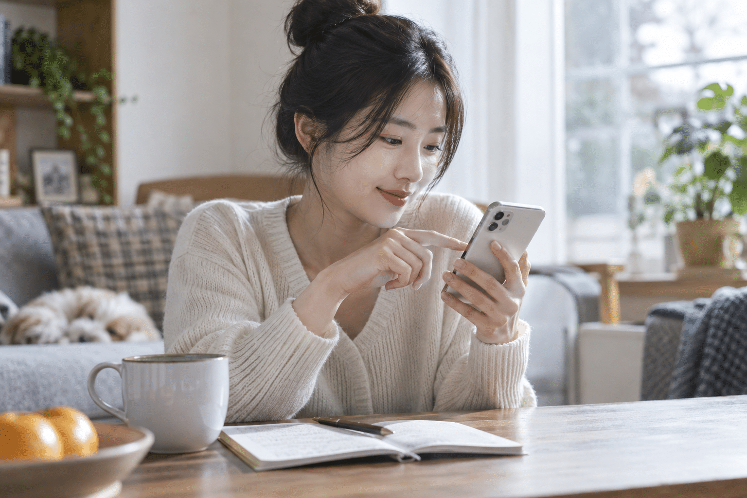 한달적금 납입 여부를 휴대폰으로 확인하는 한국인 여성