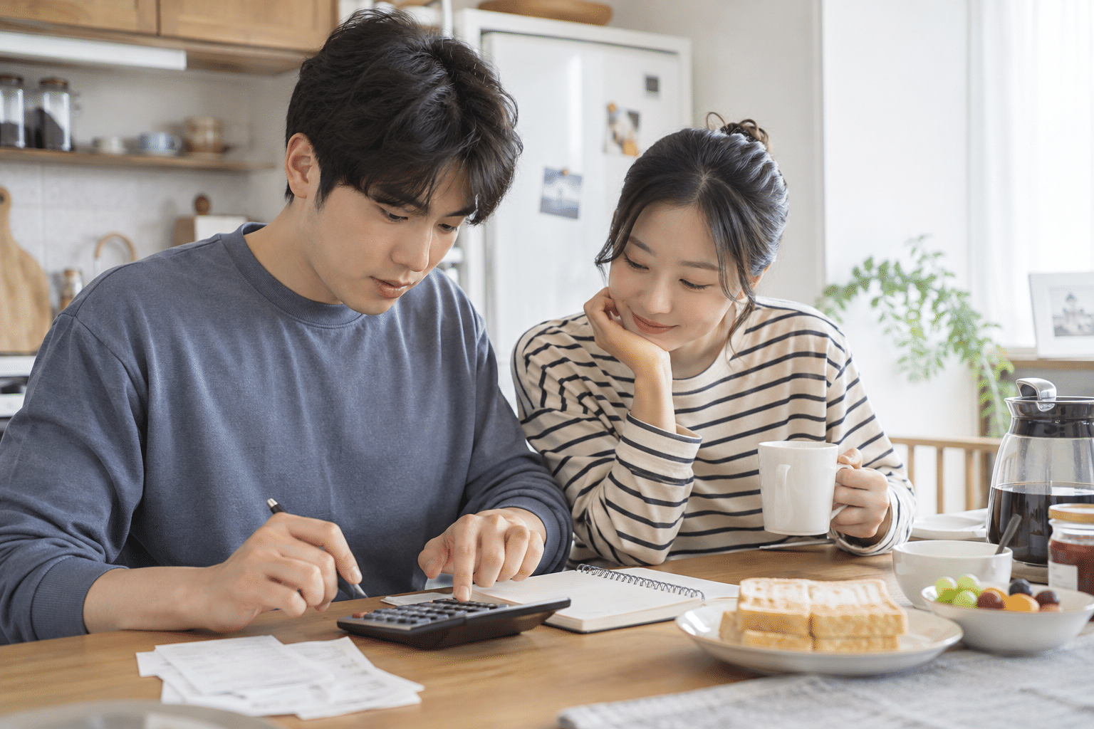 한달적금의 월 저축 부담을 계산하는 한국인 부부